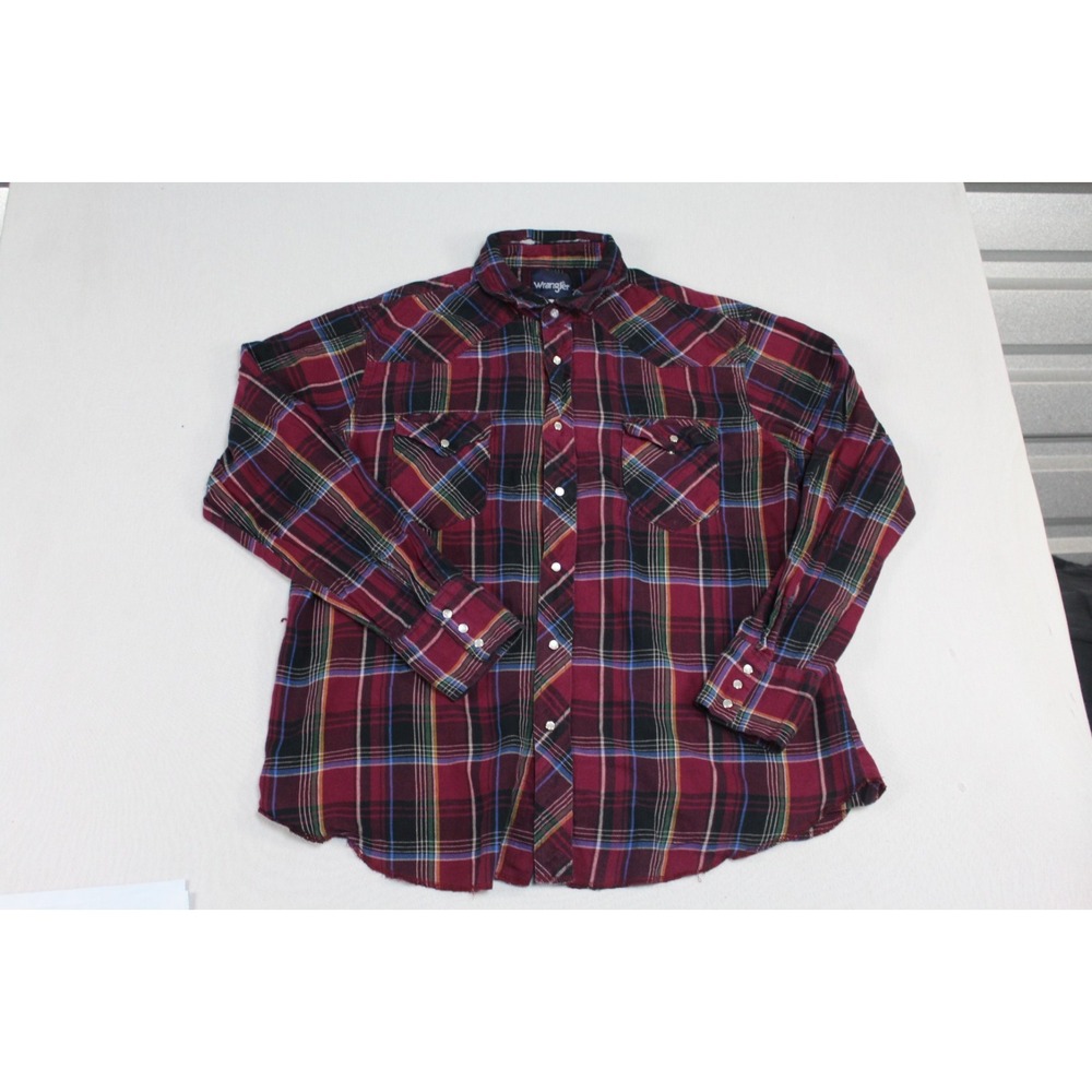 Wrangler‎ Button Down Mens XL Red Excellent Pearl Snap Plaid Western Shirt